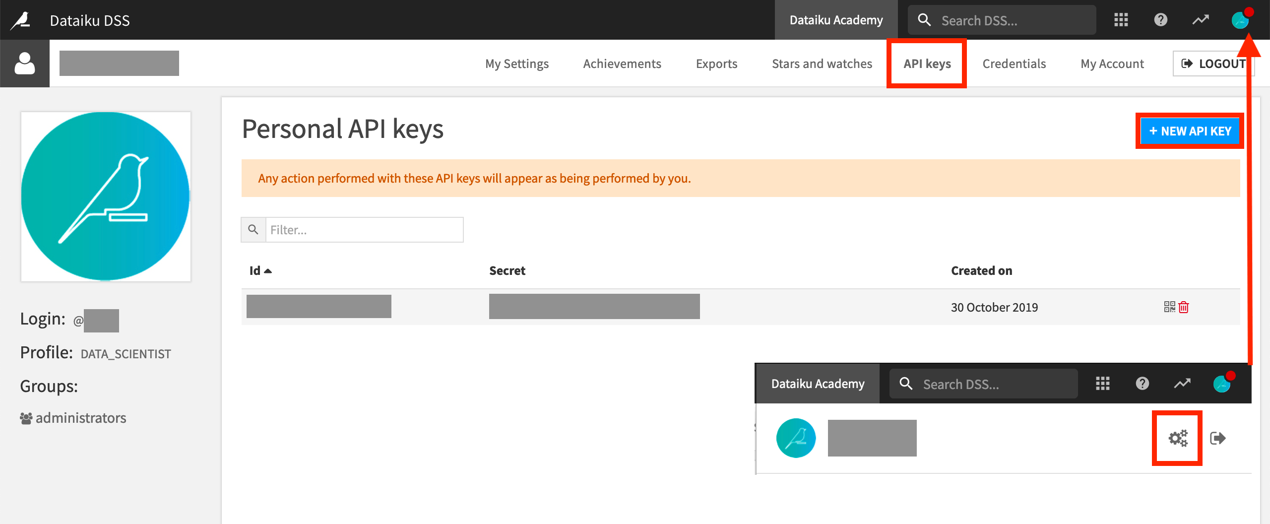Dataiku screenshot showing where to find API keys.