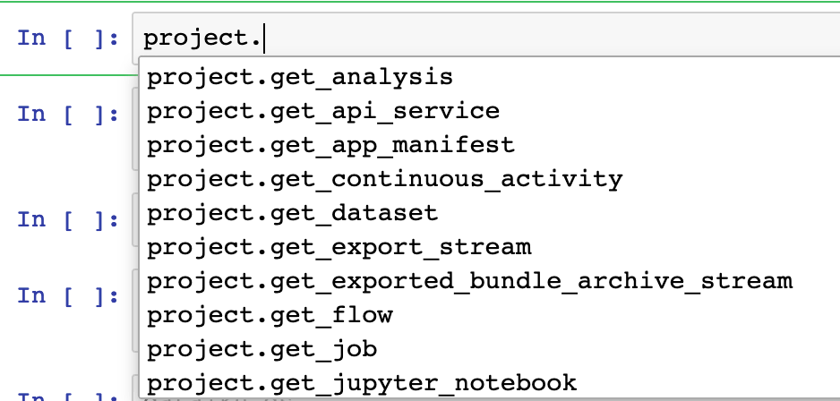 Jupyter notebook output showing methods available for a project handle.