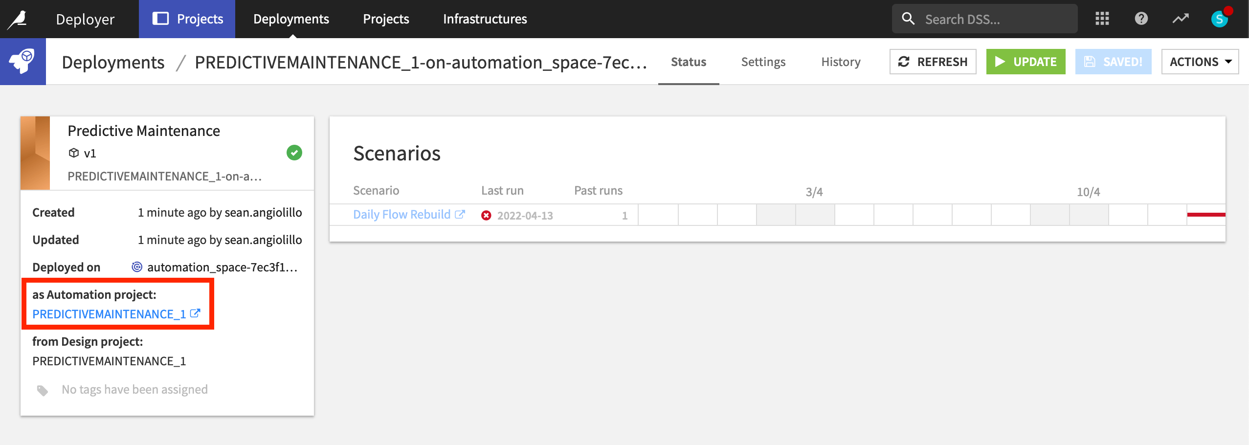 Dataiku screenshot of the Status tab of a deployment.