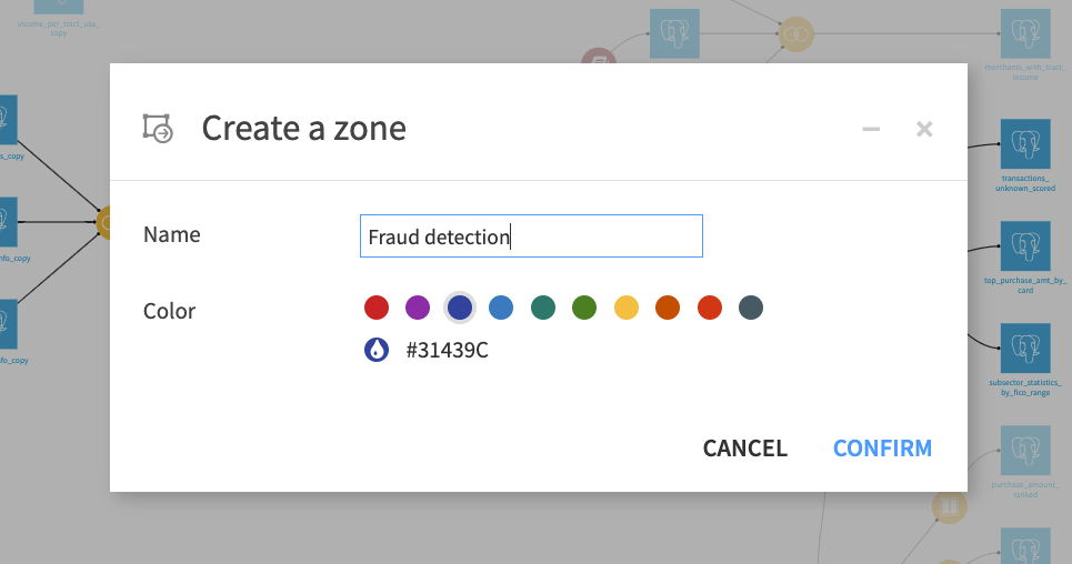 A Dataiku screenshot of the modal dialog for creating a new Flow Zone named Fraud detection.