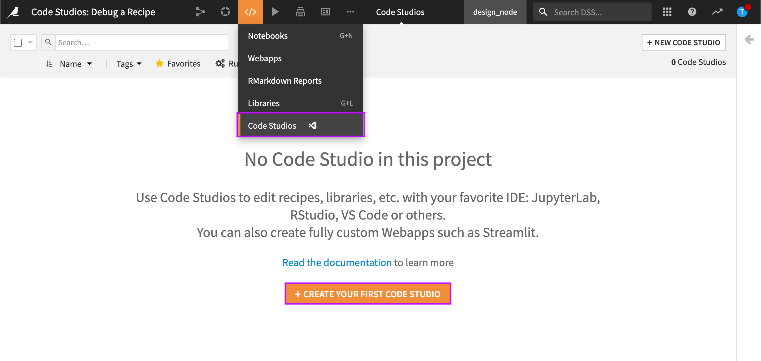 Code Studios menu option :scale: 100%