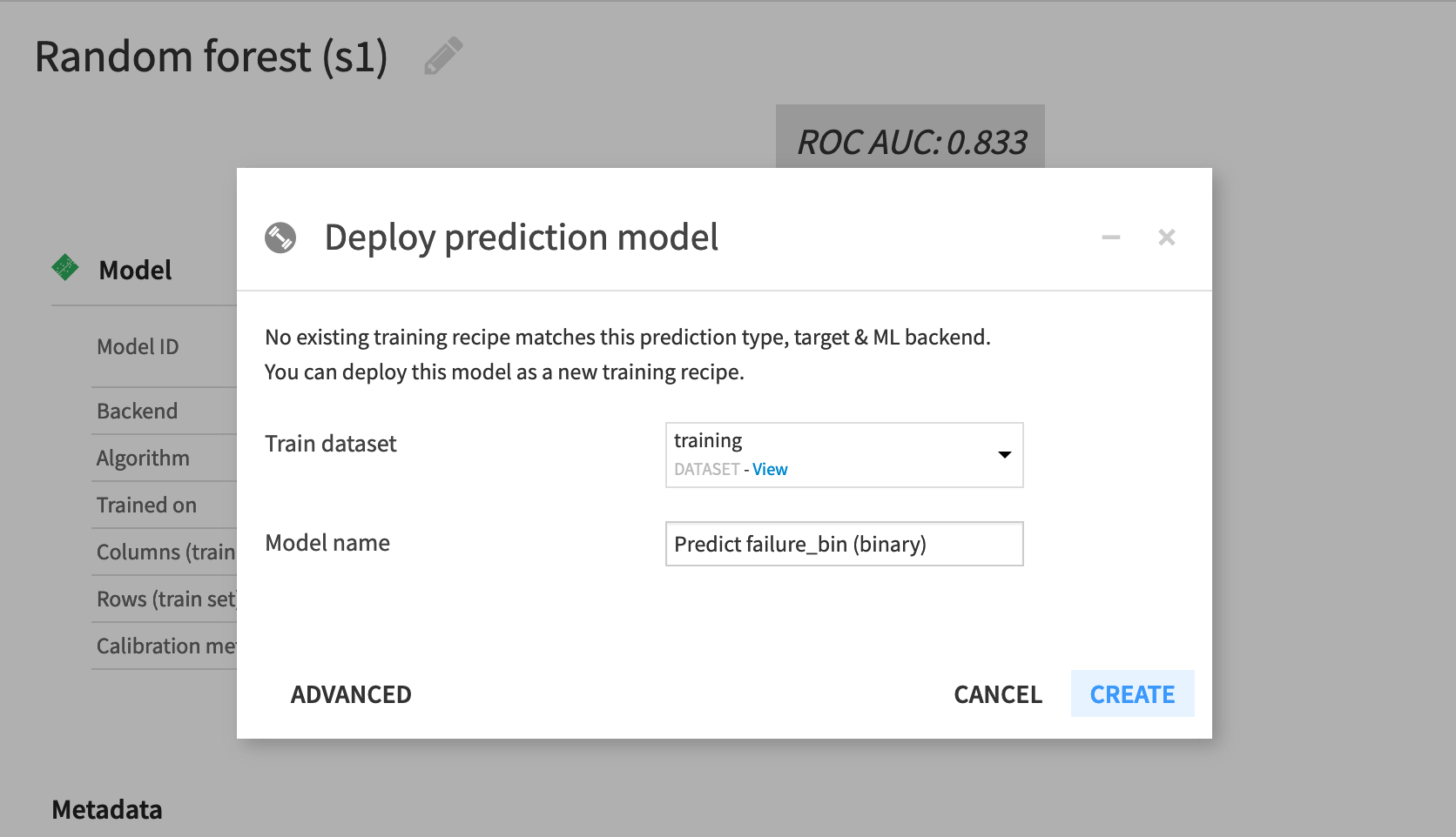 Dataiku screenshot of the dialog for deploying a model from the Lab to the Flow.