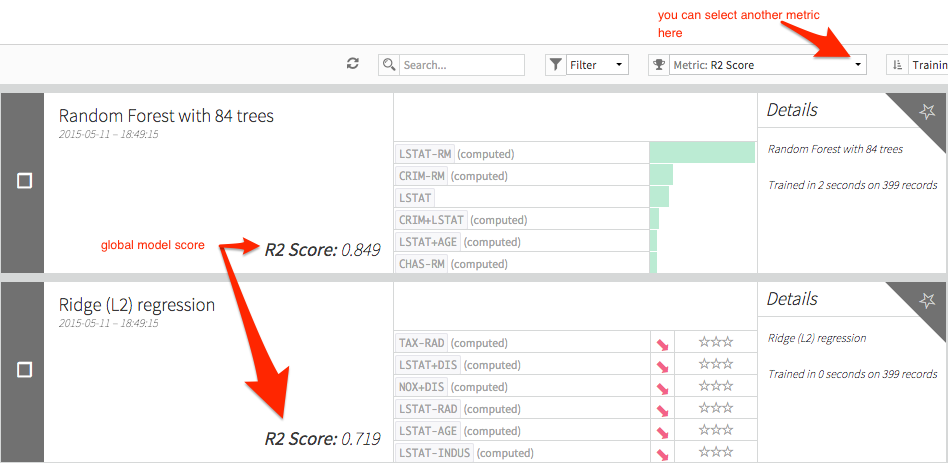"Models list page with arrows on the R2 score and on the selection of metrics"