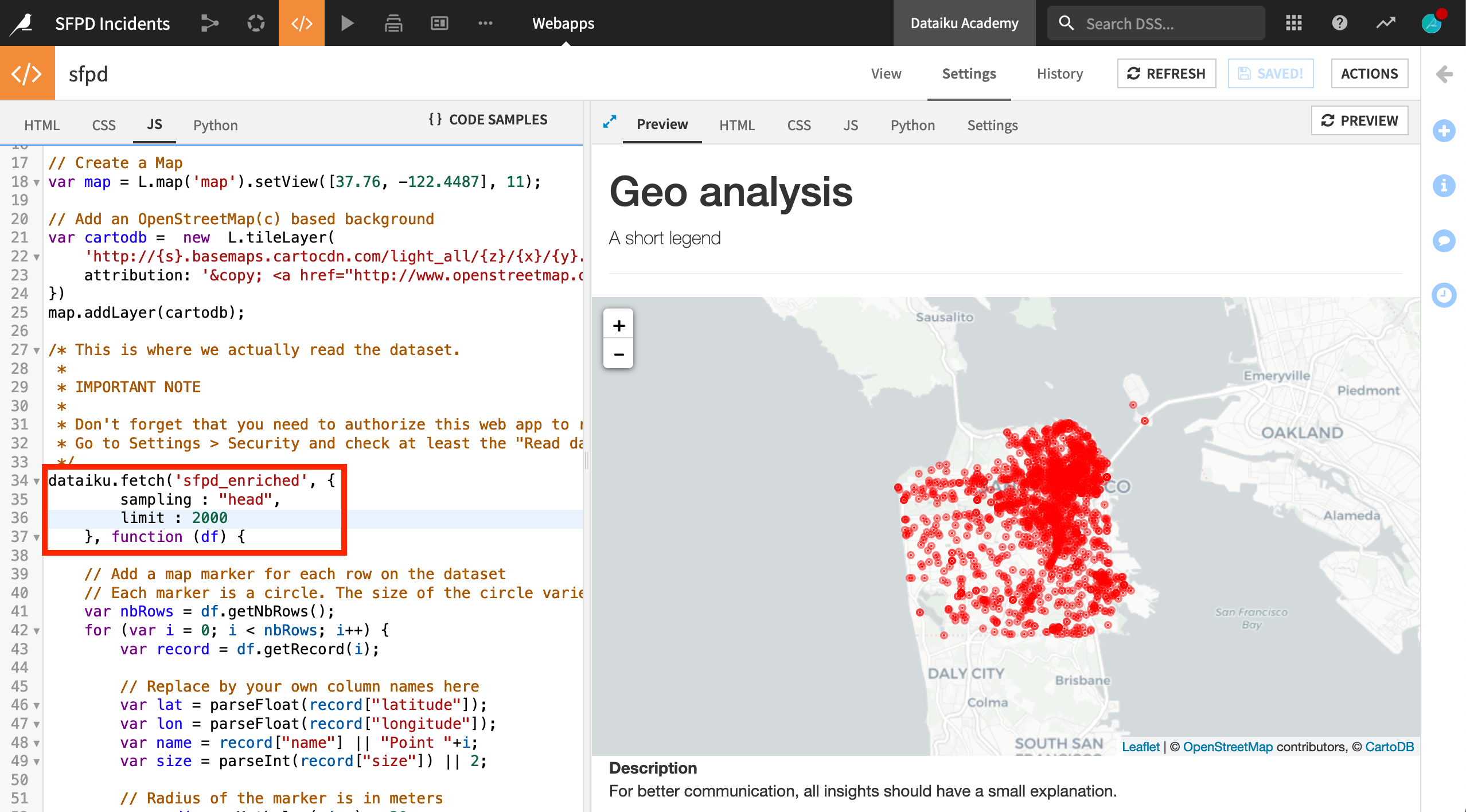 Dataiku screenshot of a webapp map and static data.
