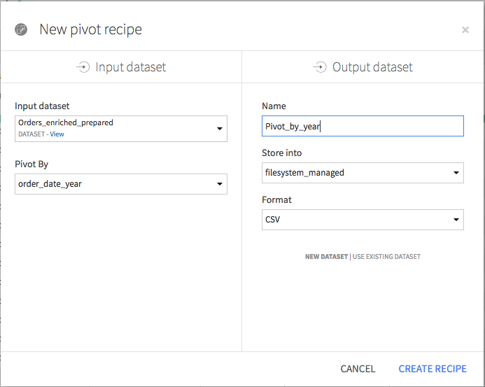 Pivot recipe creation screen with the settings specified in the text.