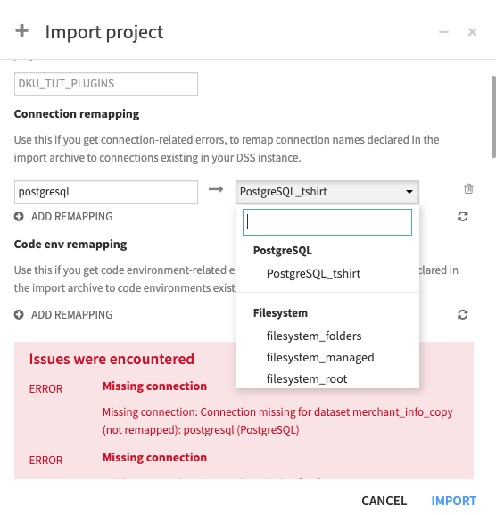 Dataiku screenshot of dialog for remapping the connections when importing a project.