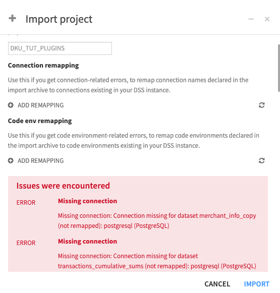 Dataiku screenshot of error message when importing a project with a missing connection.