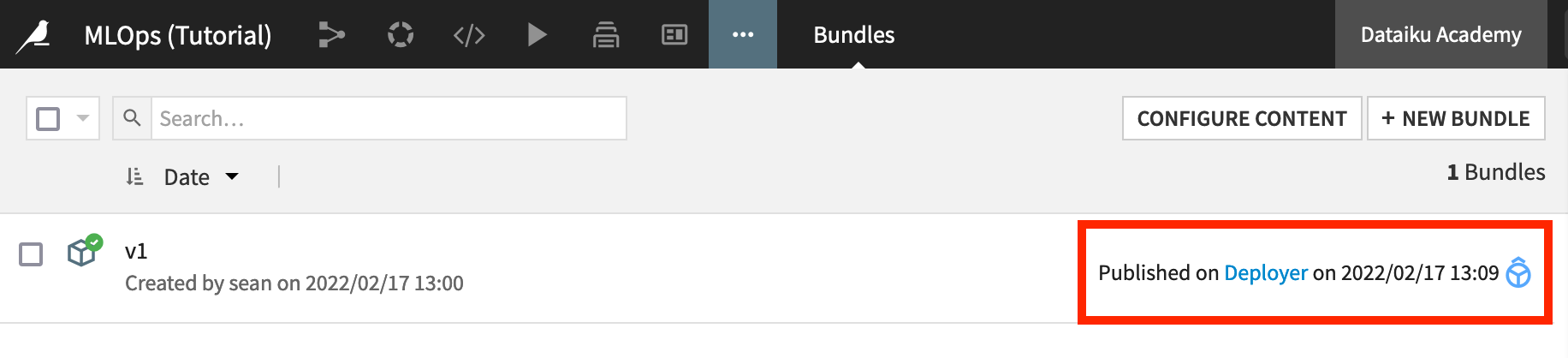 Dataiku screenshot of the bundles page showing a bundle published to the Deployer.