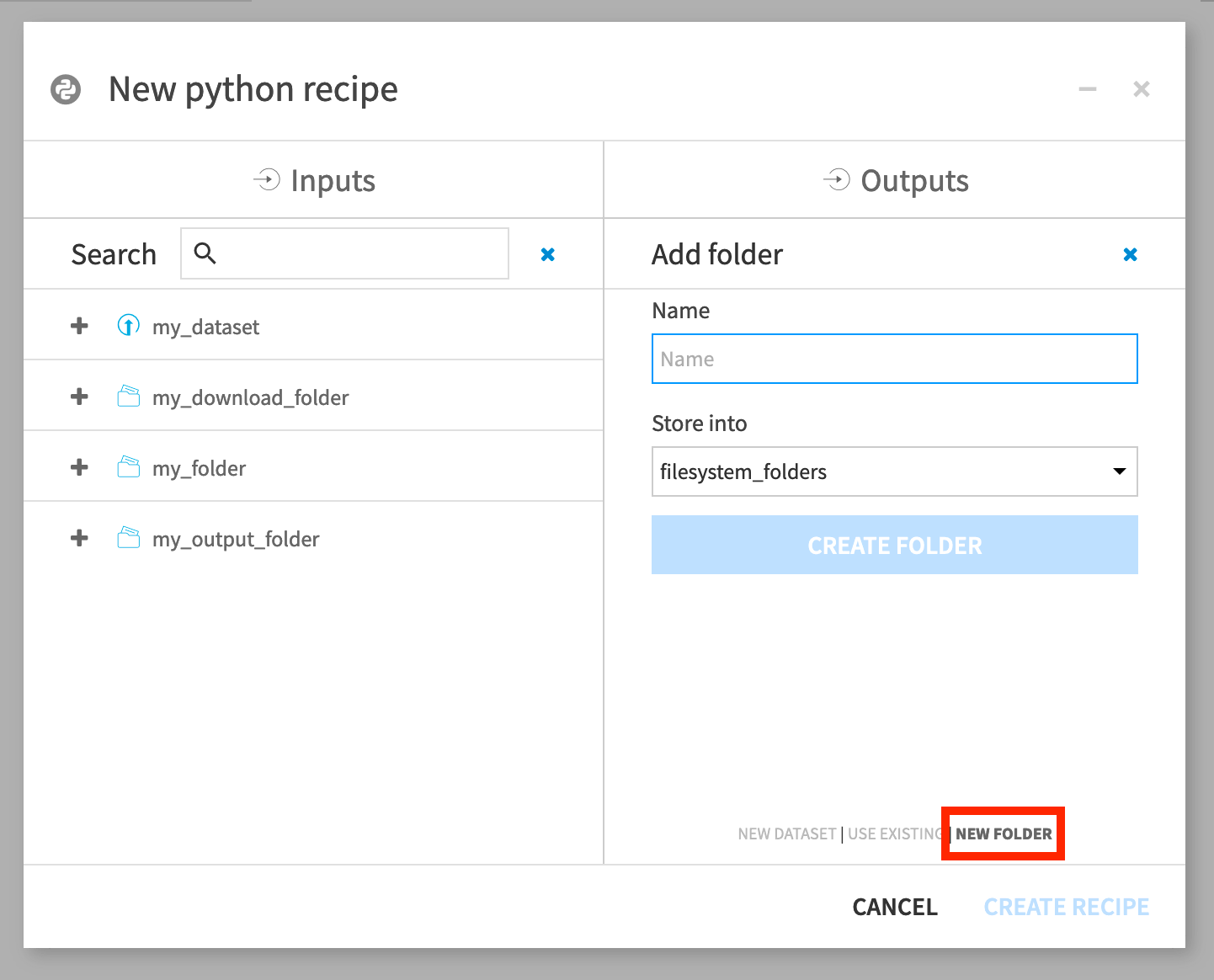 Dataiku screenshot of a python recipe creation dialog showing folder input and outputs.