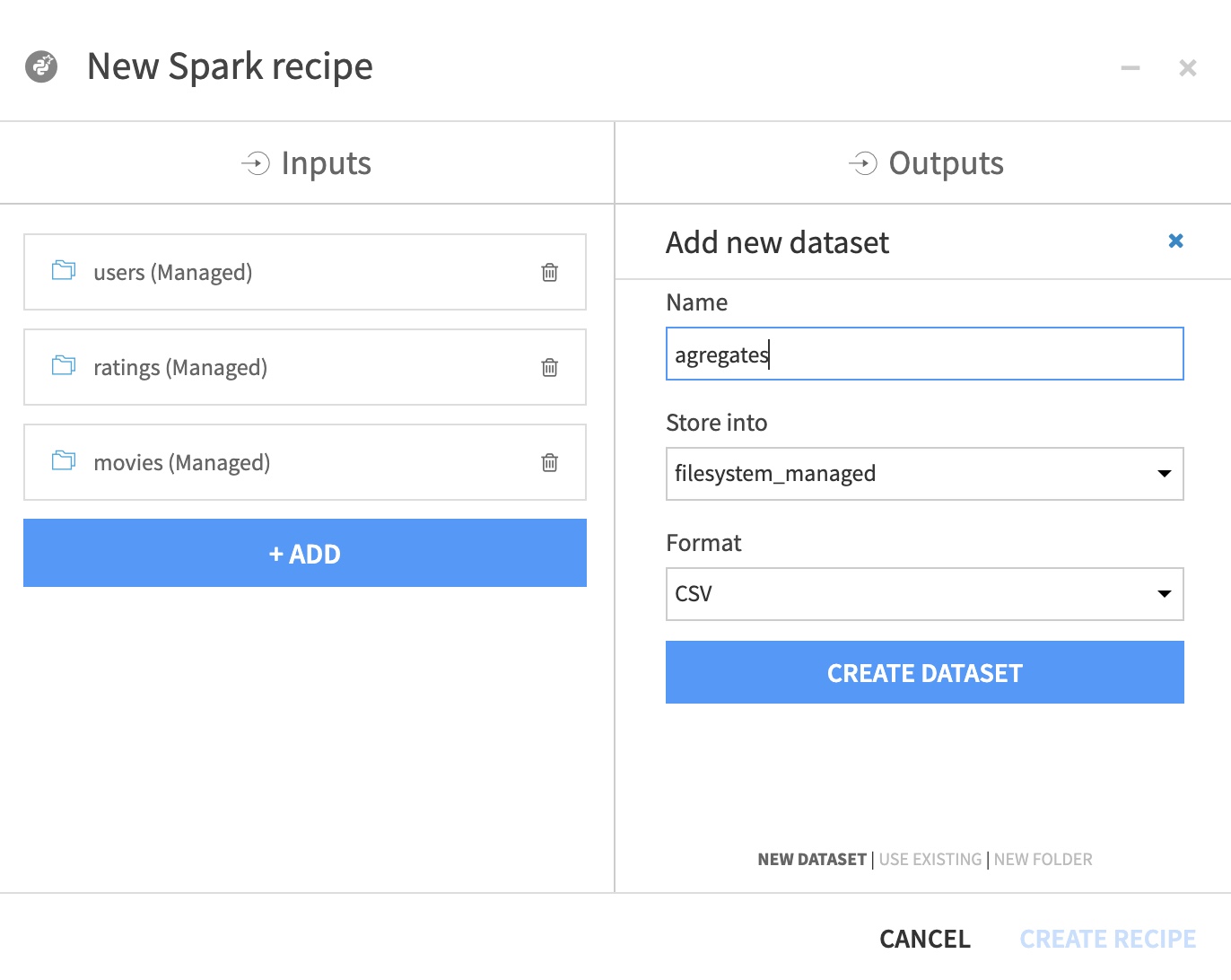 "PySpark recipe; selecting output dataset"
