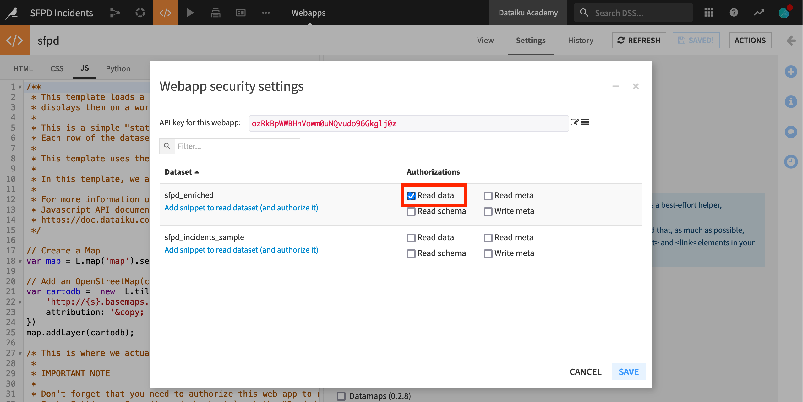Dataiku screenshot of webapp security settings.