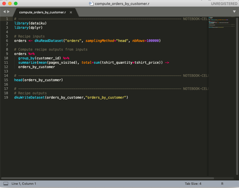 Screenshot of a Dataiku recipe being edited from Sublime Text.