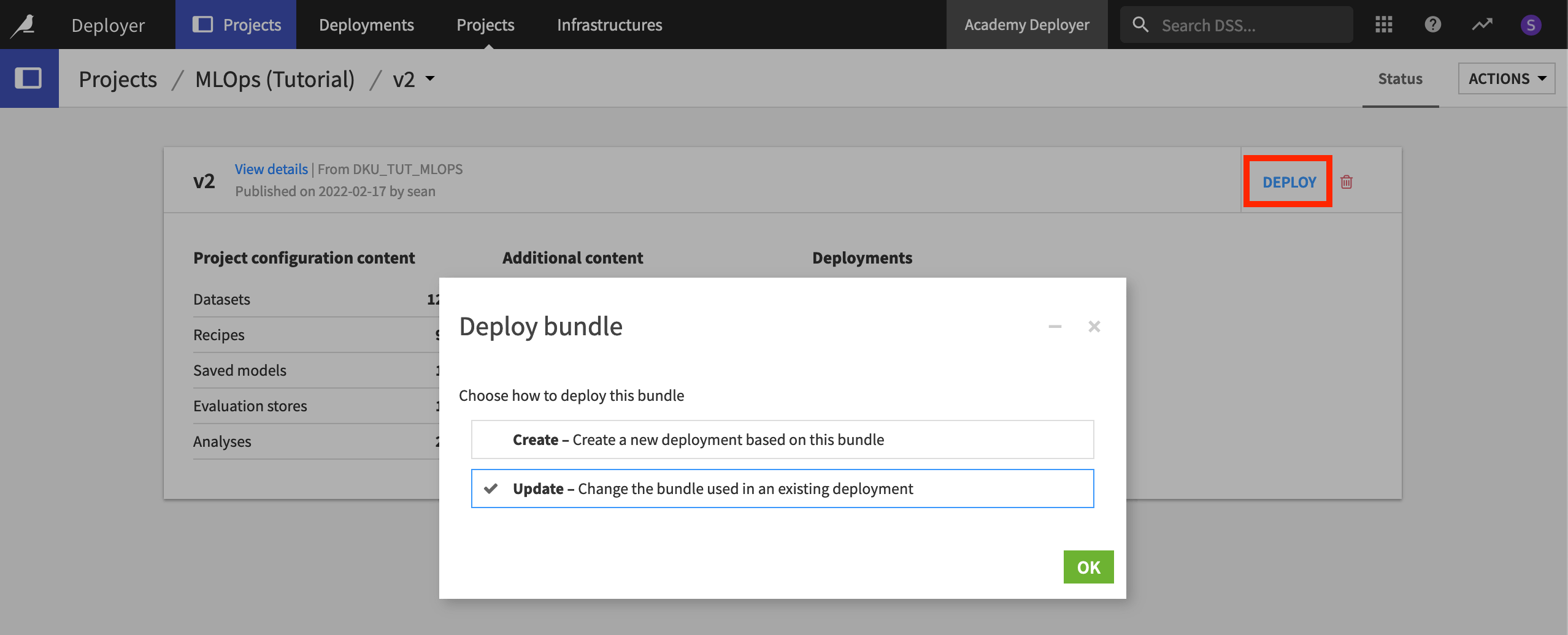Dataiku screenshot for updating a deployed bundle.