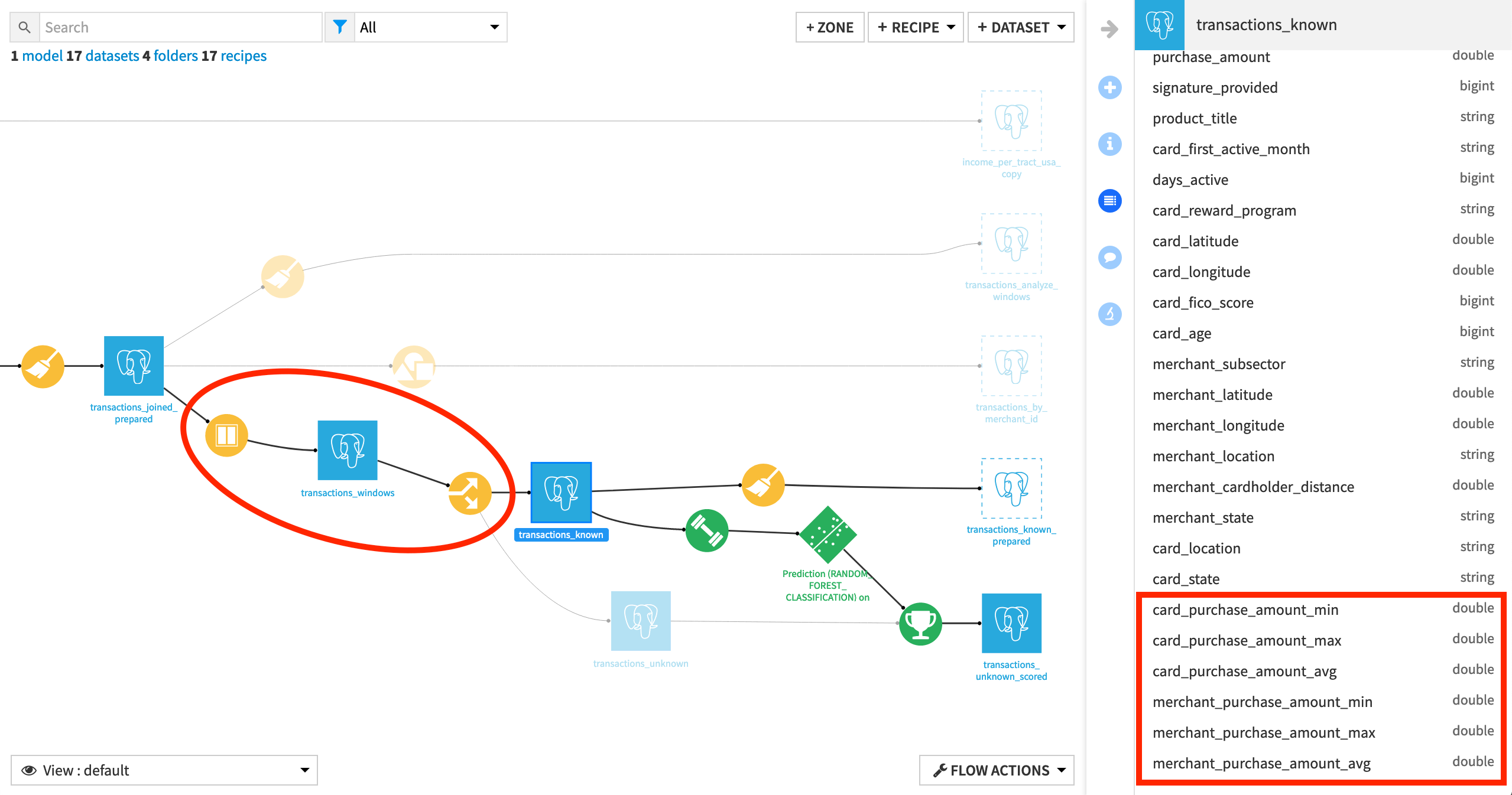 Dataiku screenshot of the Flow with the Window recipe part of the ML subflow.