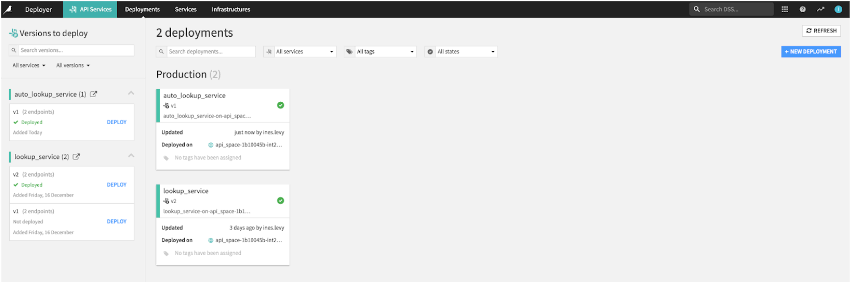 Dataiku screenshot of 2 deployed API services from Design and Automation node.