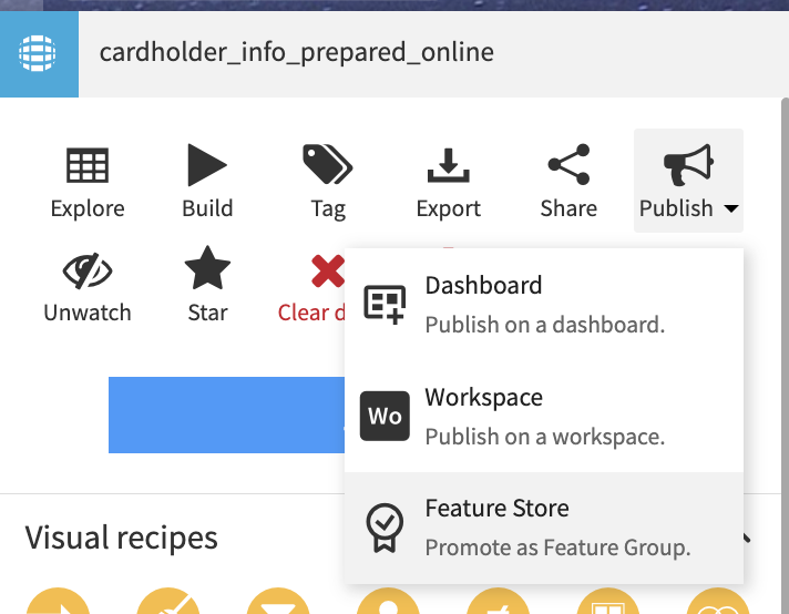 Menu to publish a feature group to the feature store of Dataiku.