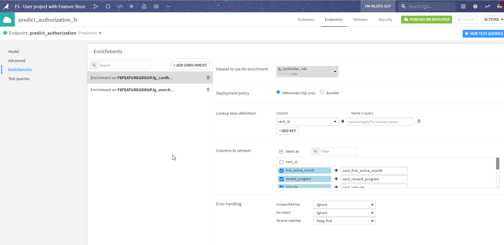 API endpoint with new enrichments using feature groups.