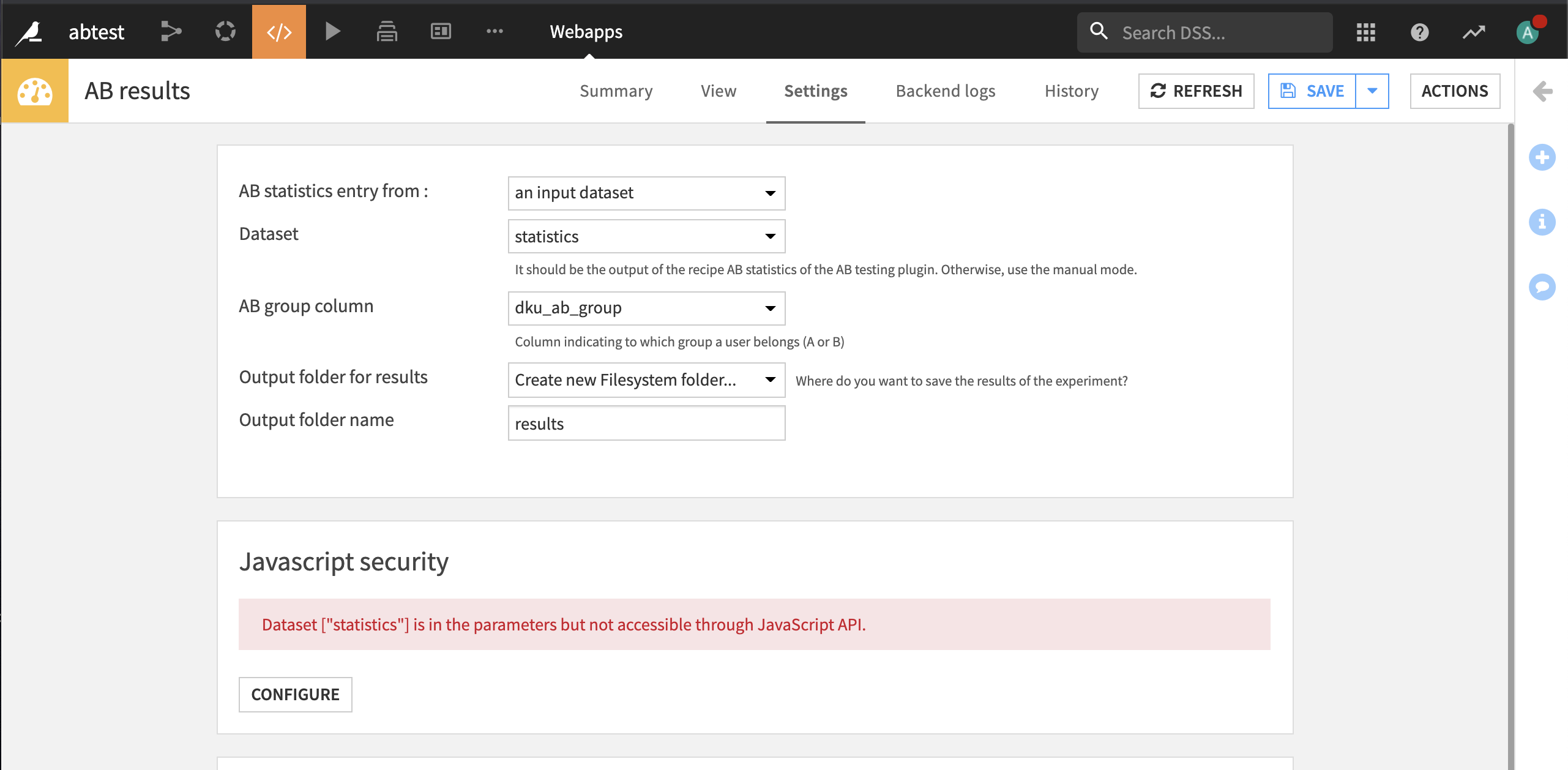 AB results webapp Settings tab.