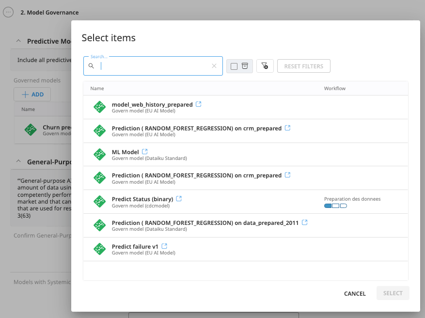 Dataiku screenshot showing how to add new models to govern.
