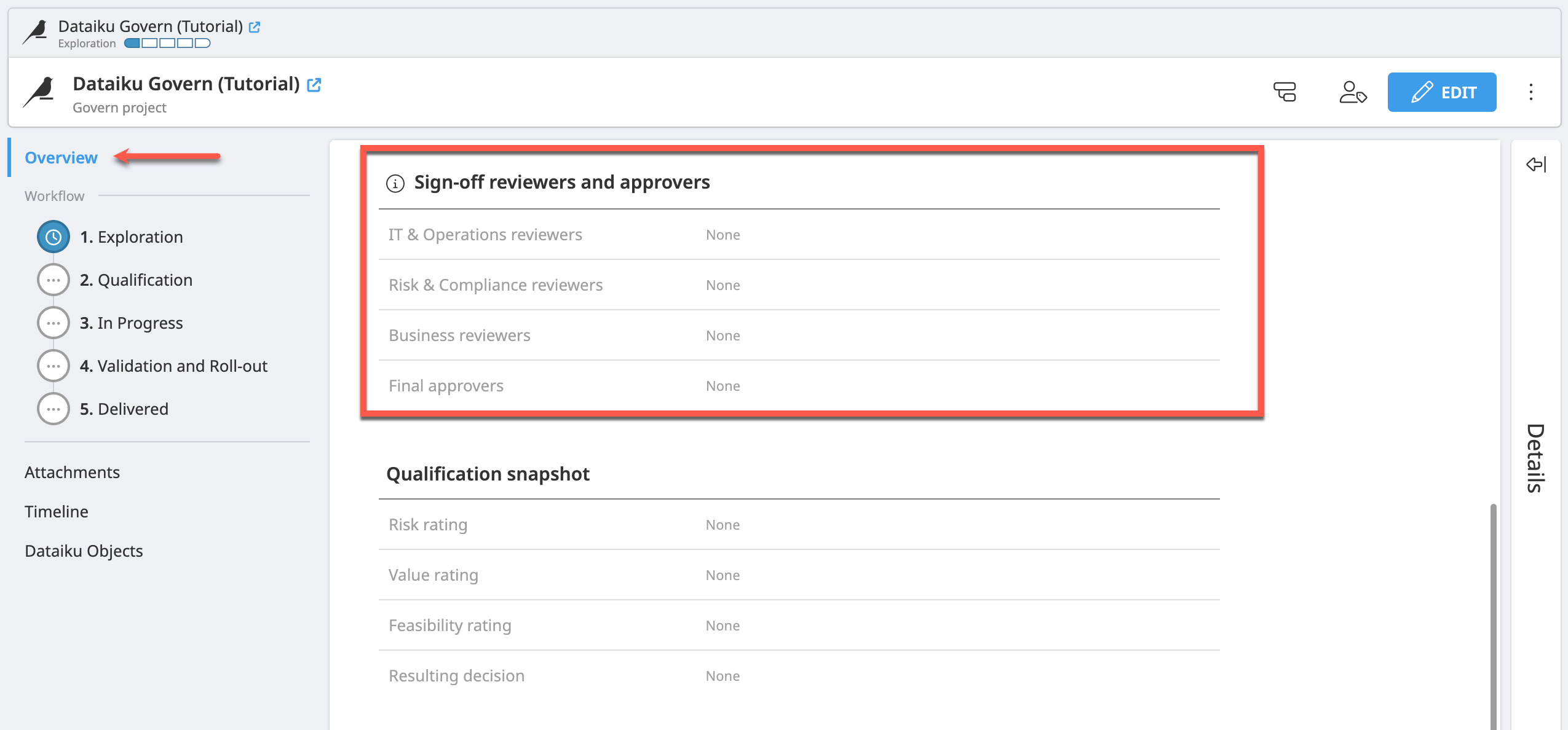 Dataiku Govern screenshot of the Sign-off reviewers and approvers section of the project overview.