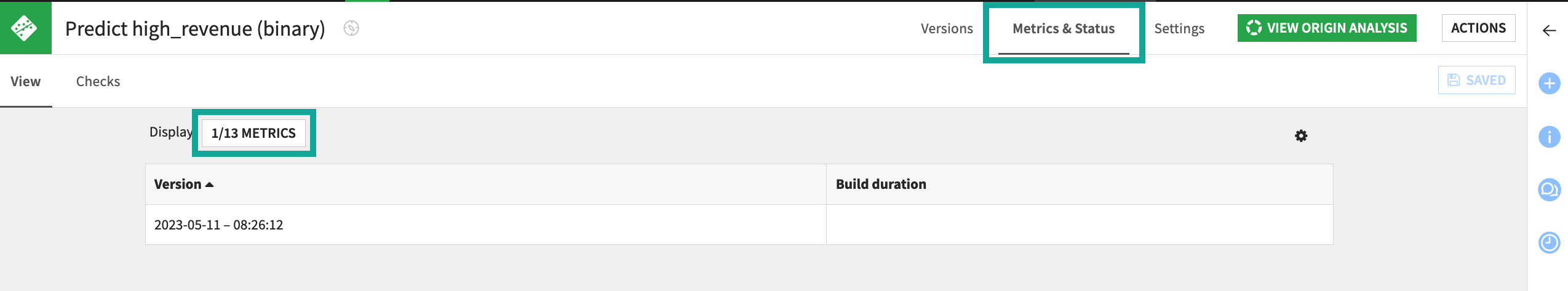 Model metrics & status tab.