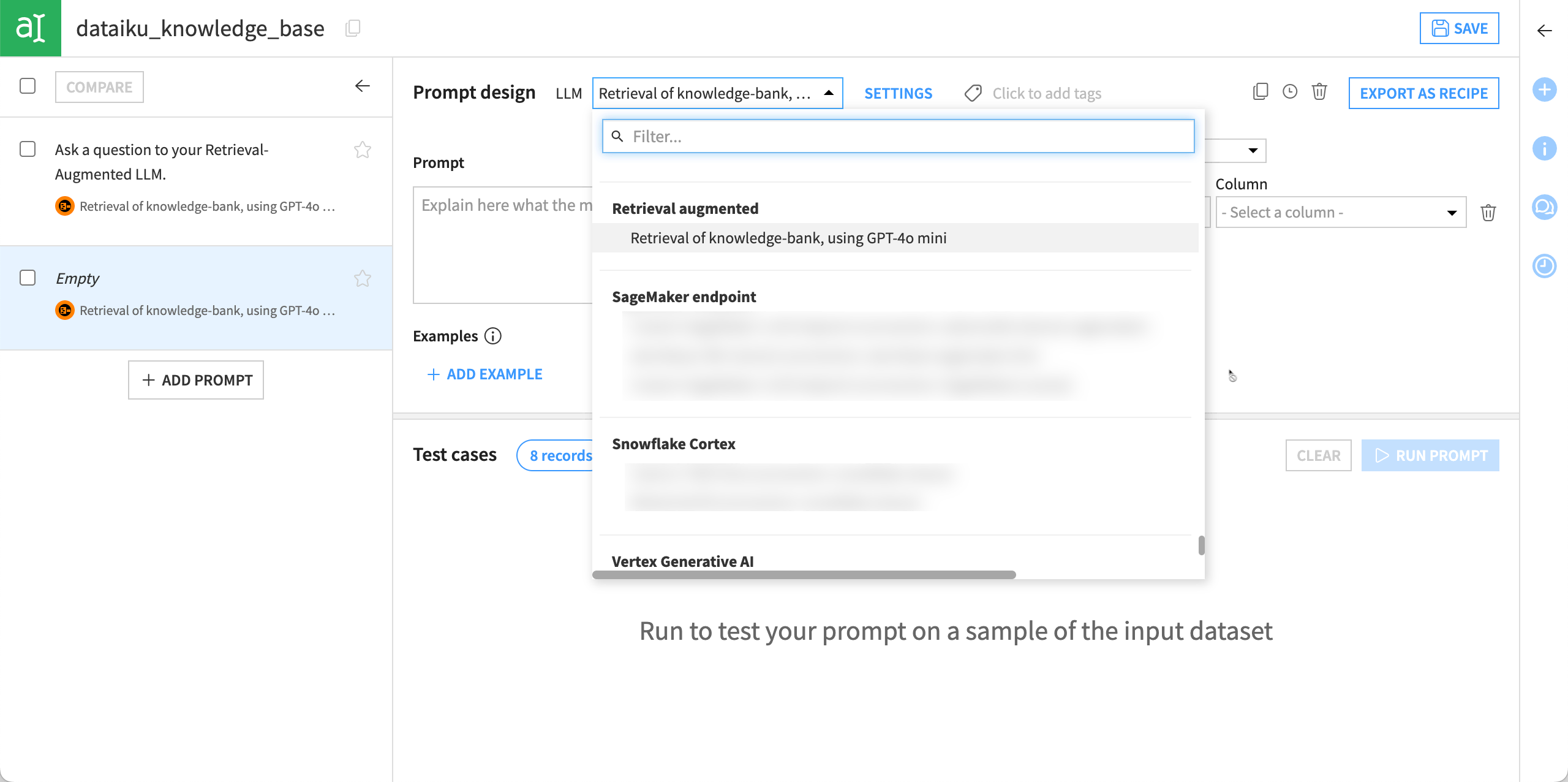 Screenshot of the LLM selection in a Prompt Studio.