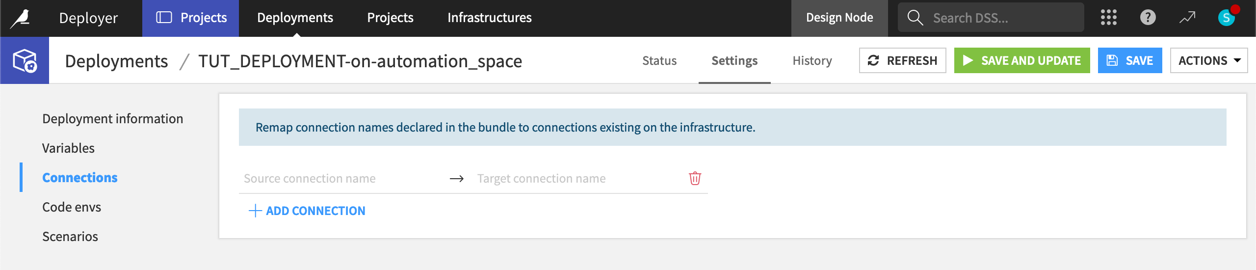 Dataiku screenshot of the remapping connections screen on the Deployer.