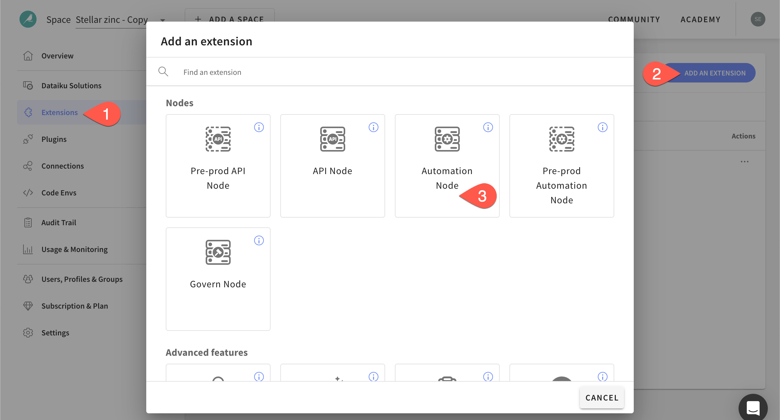 Dataiku screenshot of the Automation node added to a cloud space.