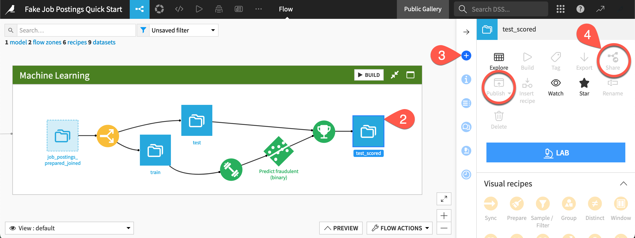 Dataiku screenshot of sharing and publish menus.