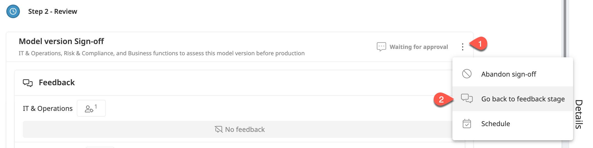 Dataiku Govern screenshot of the "Go back to feedback stage" button.