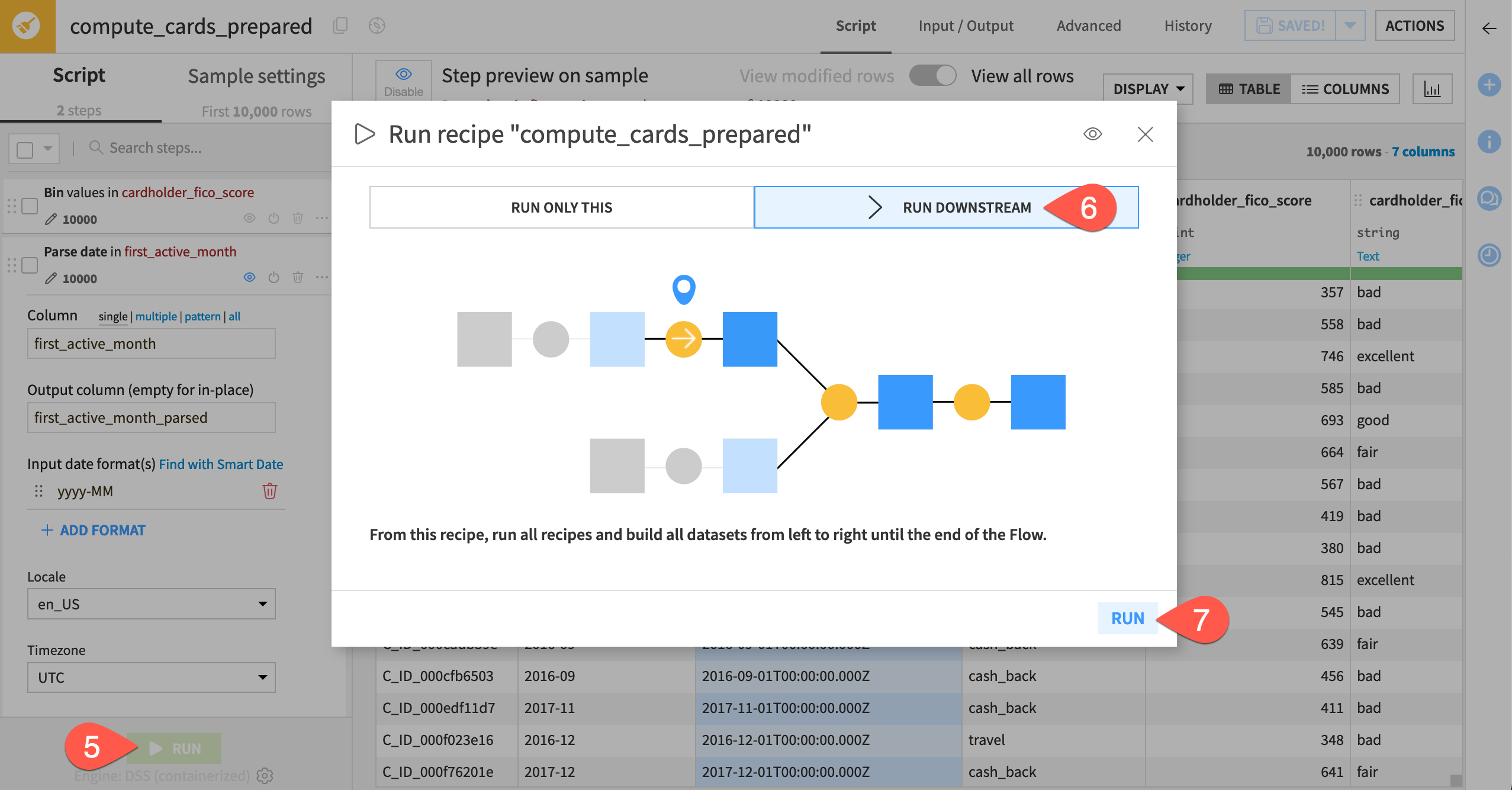A Dataiku screenshot of the "Run recipe 'compute_cards_prepared'" window.
