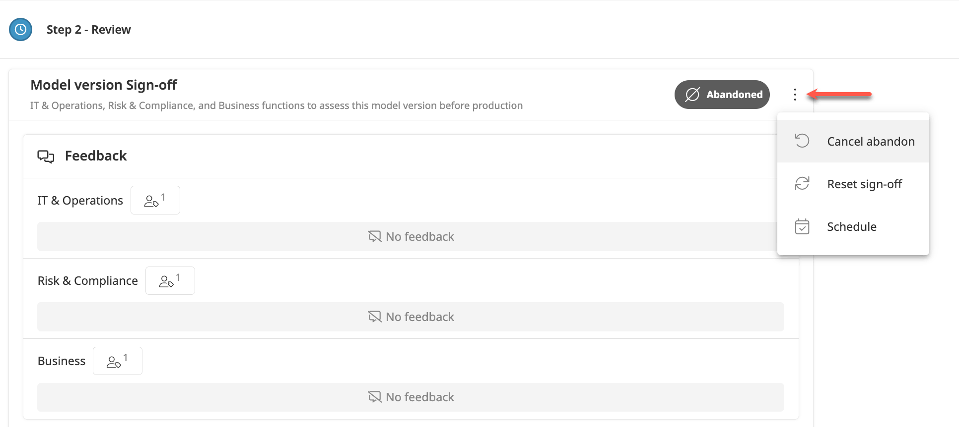 Dataiku Govern screenshot of the cancel abandon option.