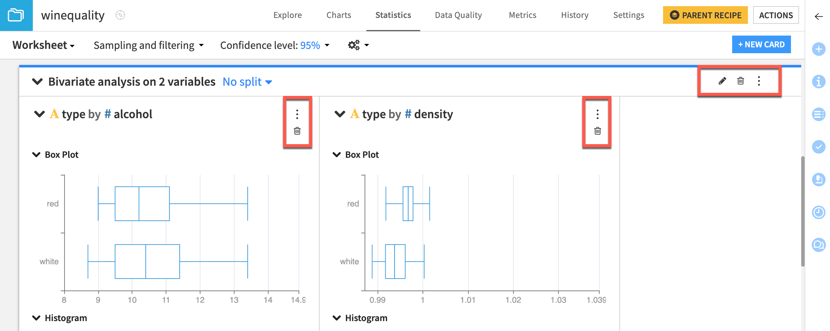 Dataiku screenshot of the configuration menu of a Chi-square independence test card.