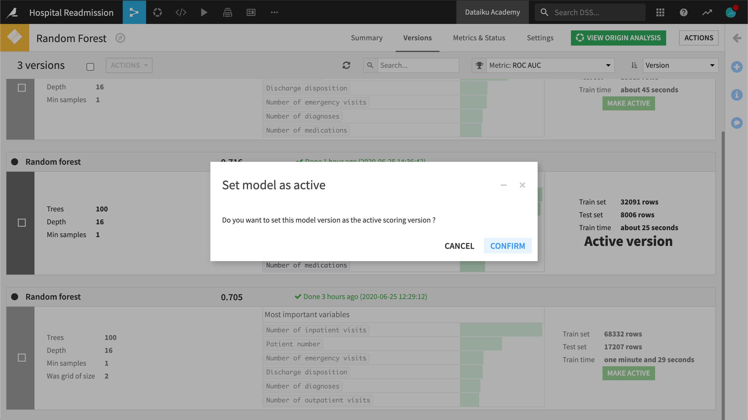 Versions of the active model with a choice to set one version as the new active model.
