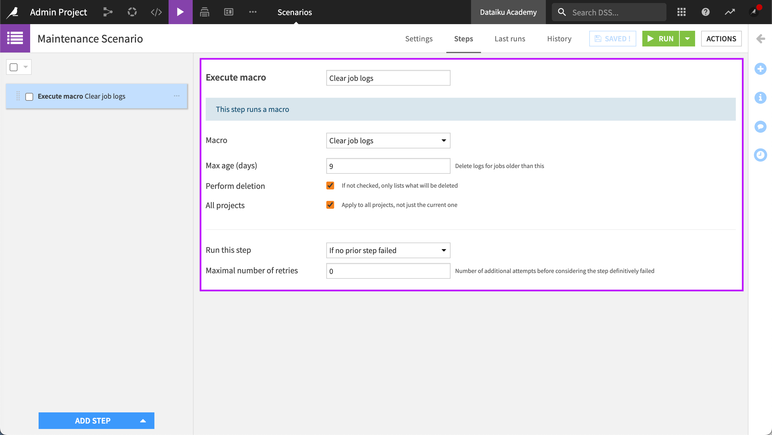 Maintenance scenario with a step to run a macro for clearing job logs.