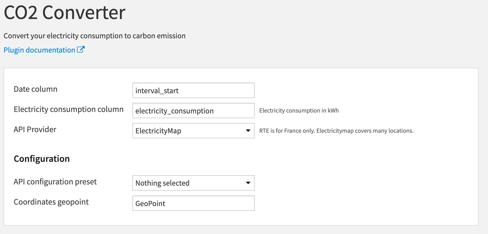 Dataiku screenshot of the CO2 converter plugin used to convert electricity consumption to CO2 emissions.