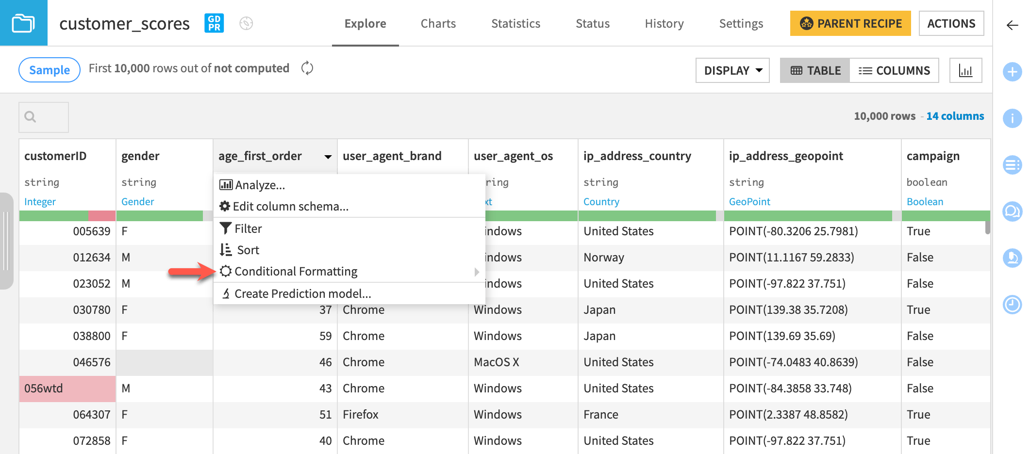 A Dataiku screenshot the context menu of a column.