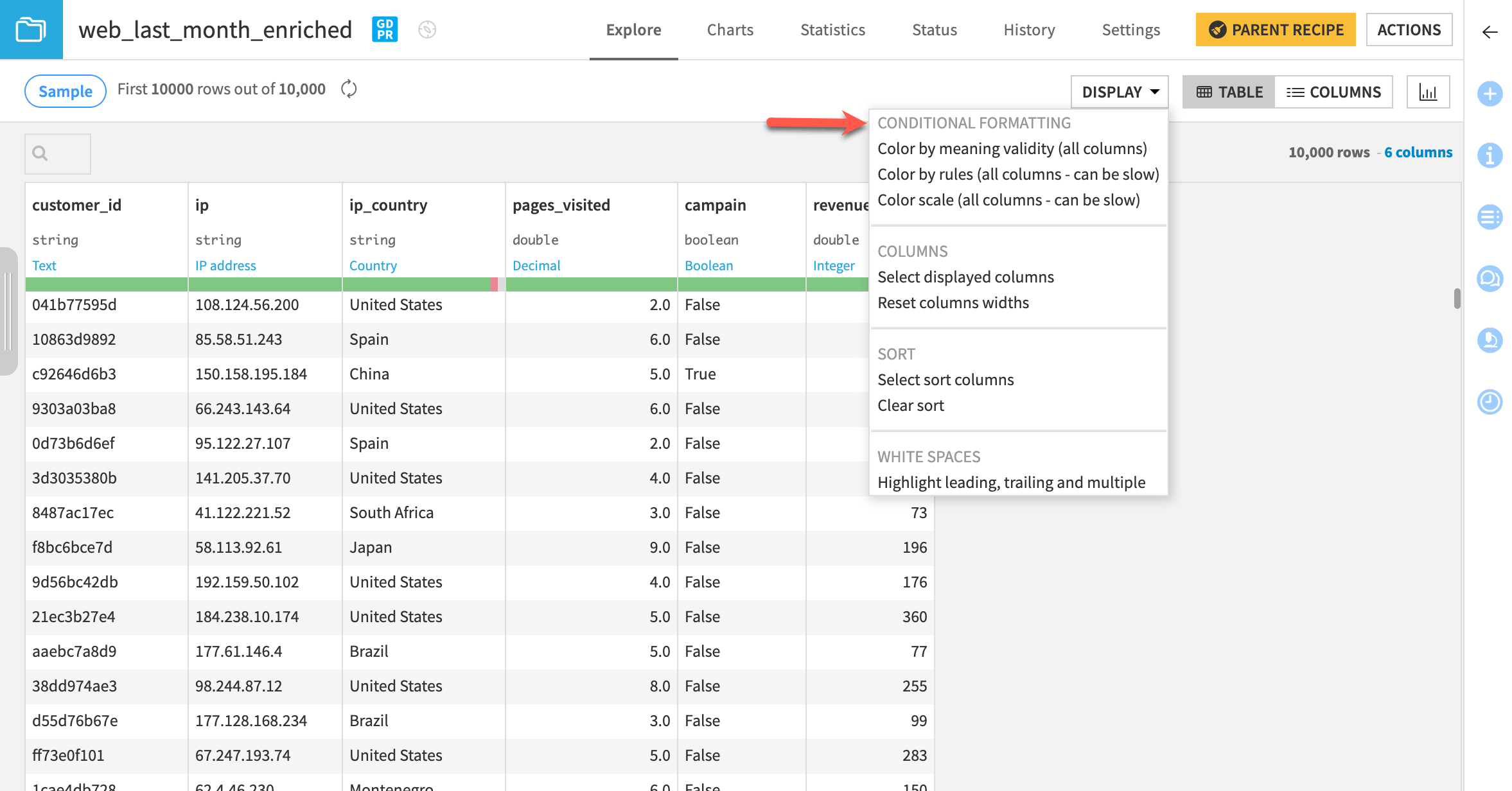 A Dataiku screenshot the Display menu options of a dataset.