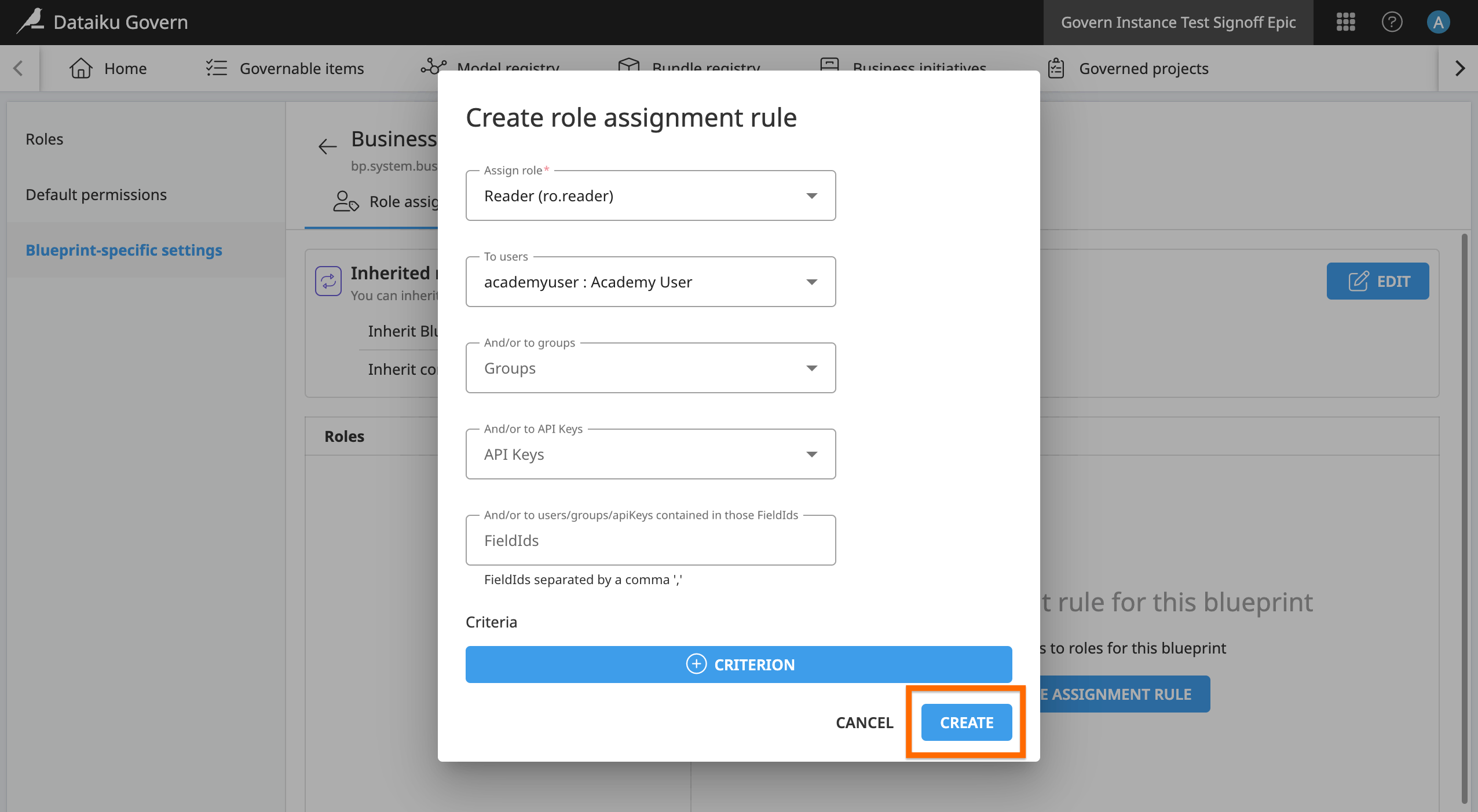 A Dataiku Govern screenshot showing the Reader rule configuration in the dialogue box.