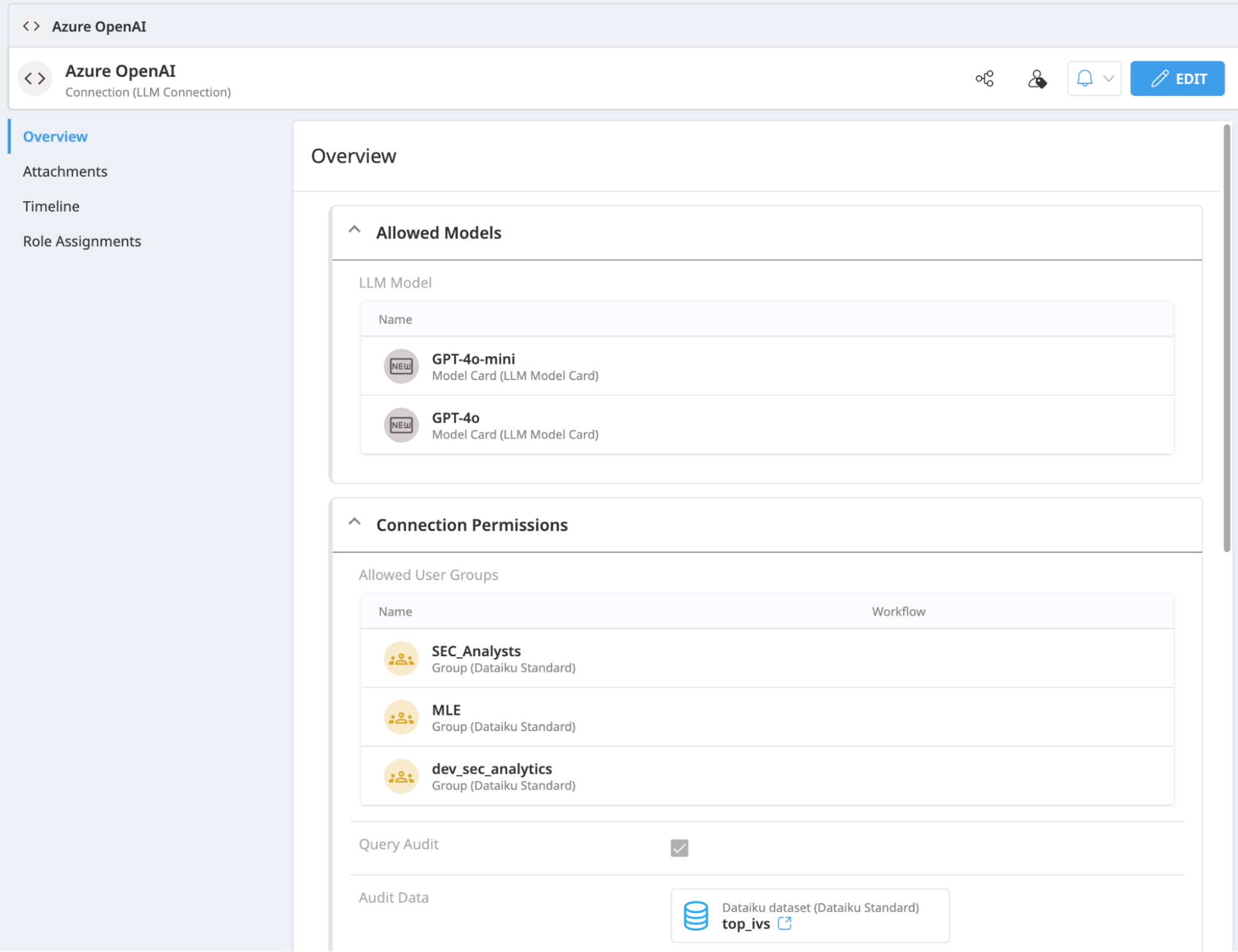Dataiku screenshot showing a connection artifact in Govern.