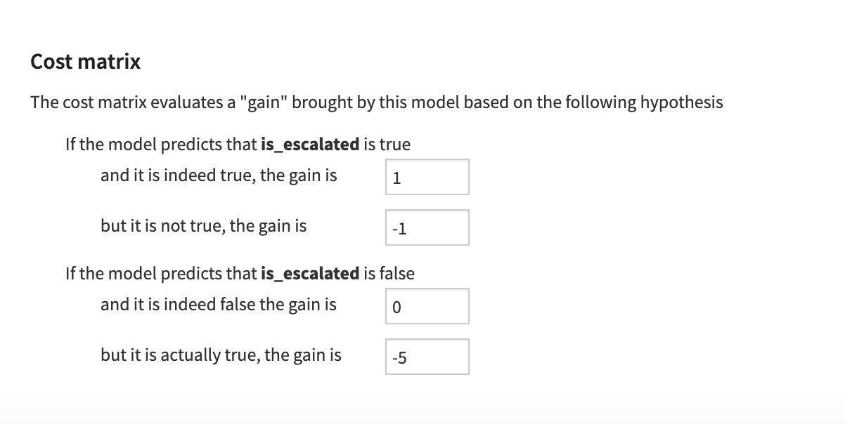 Dataiku screenshot of the cost matrix used to train the model to optimize the threshold.