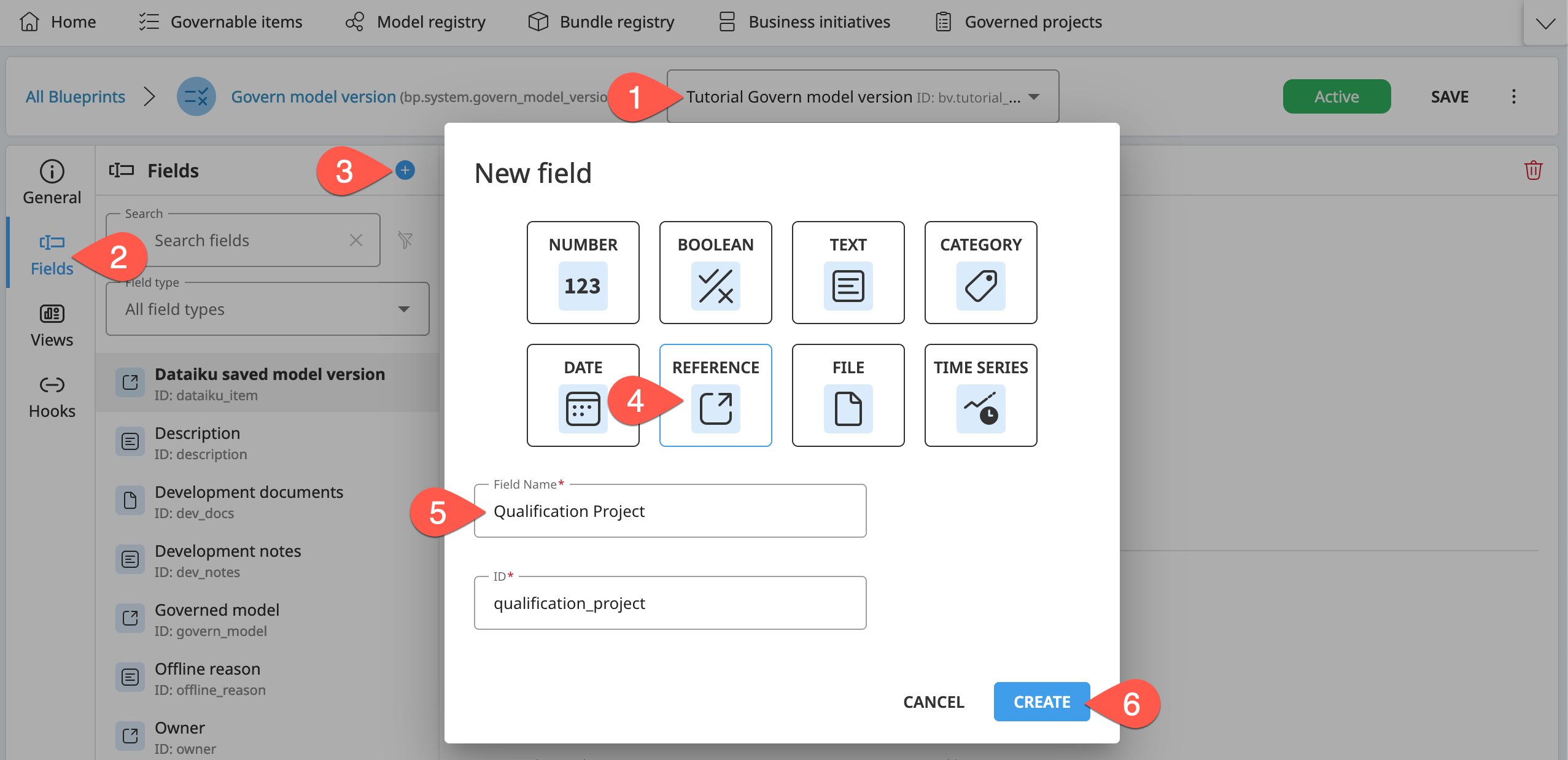 The steps to create a reference field in the Blueprint Designer.