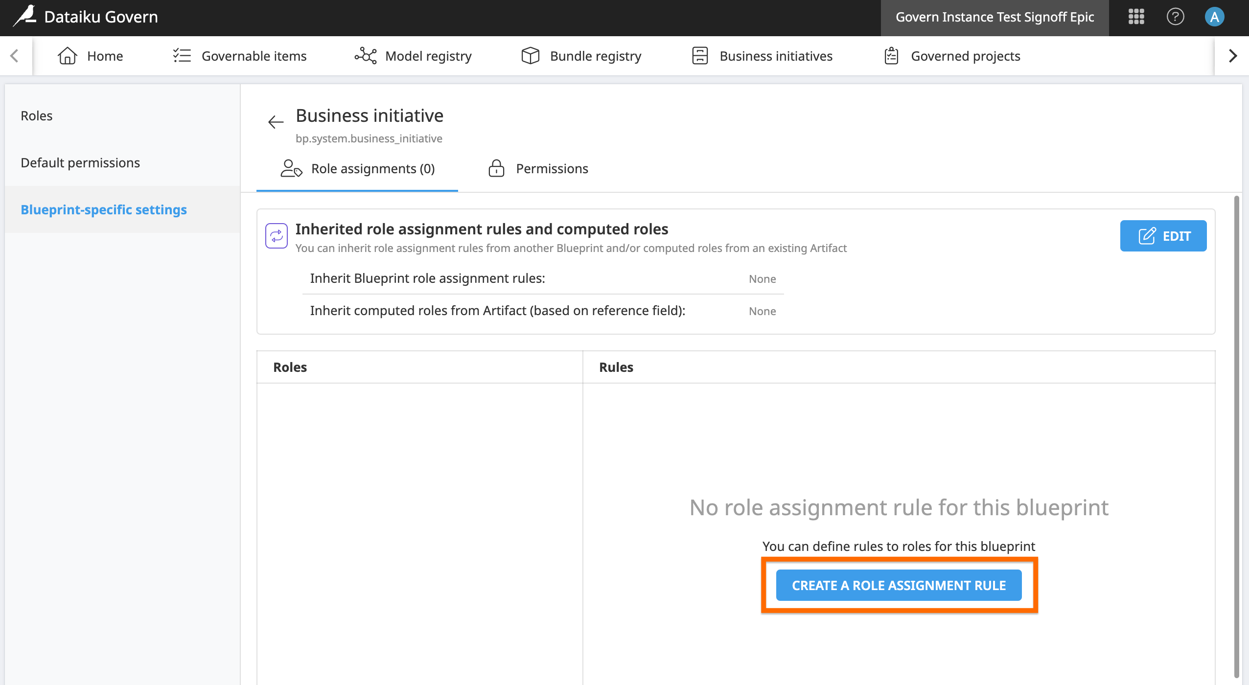 A Dataiku Govern screenshot showing the Create a Role Assignment Rule button in the user interface.