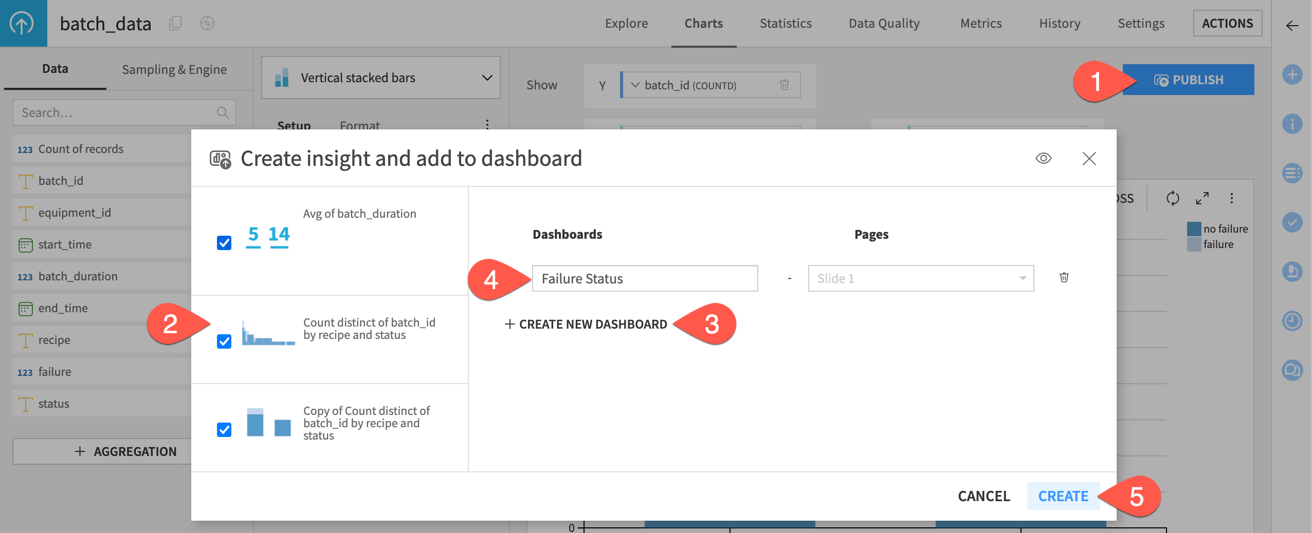 Dataiku screenshot of dashboard creation process.