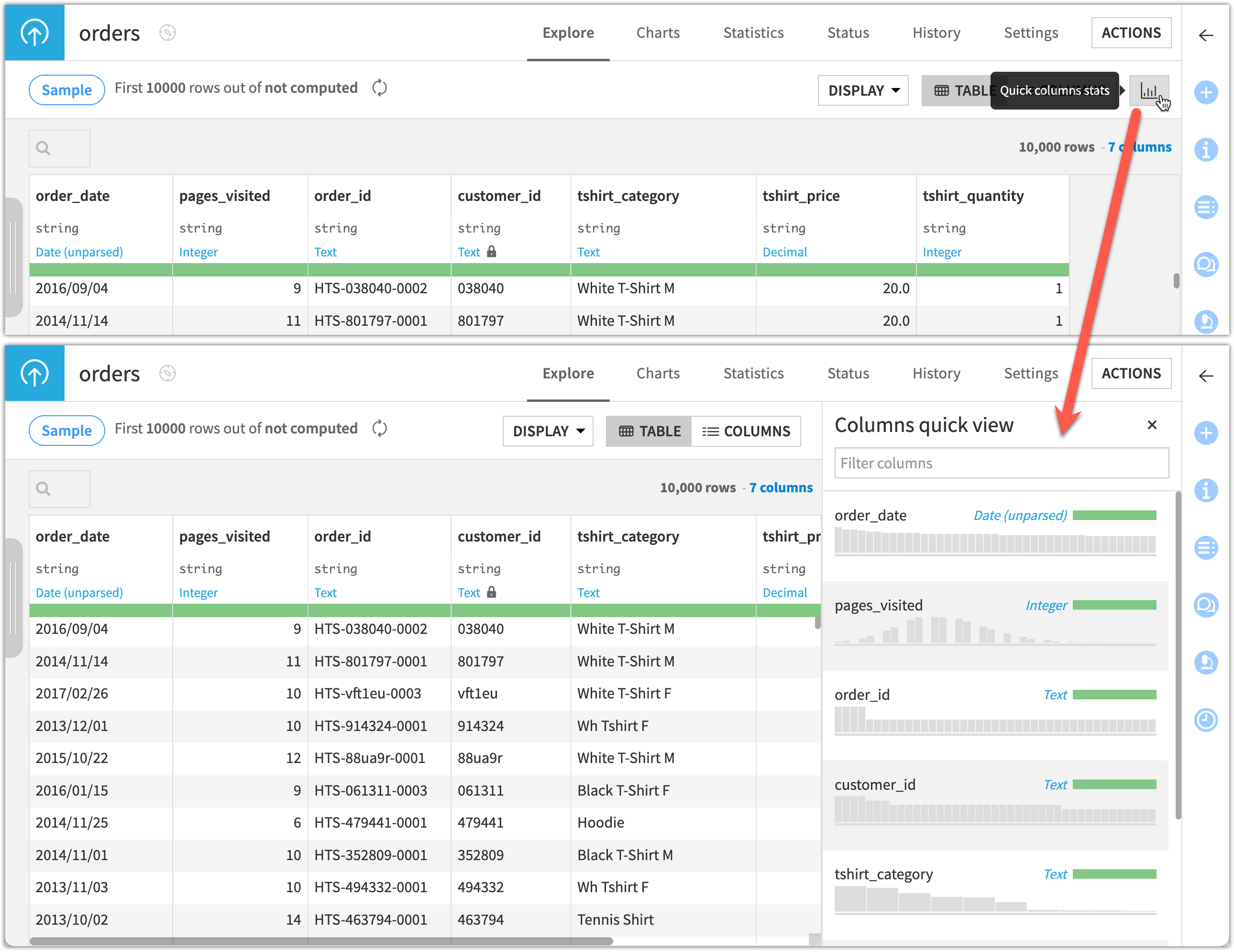 Screenshot of the column distribution view.