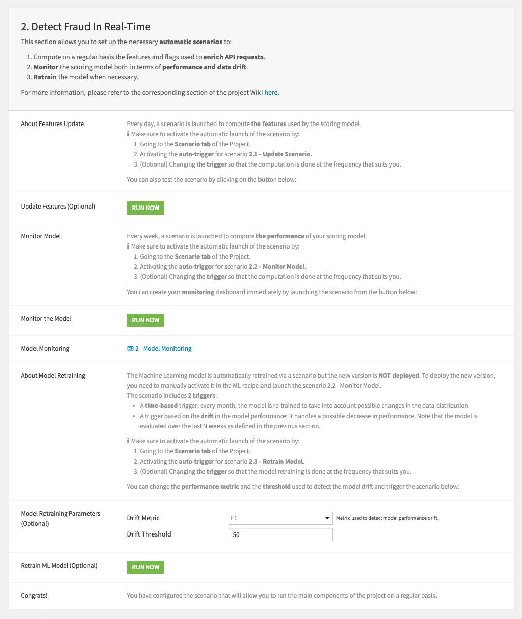 Dataiku screenshot of the steps in the Dataiku application used to set up Model performance monitoring.