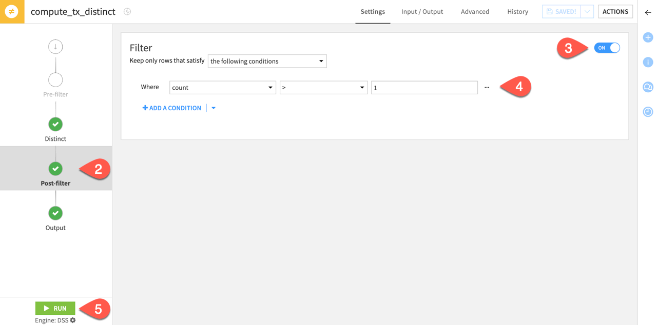 A screenshot of the Post-filter step for which the count is greater than one.