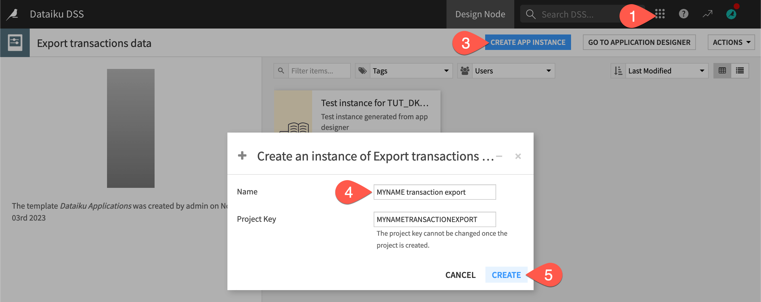 Dataiku screenshot of the dialog for creating an instance of a Dataiku application.