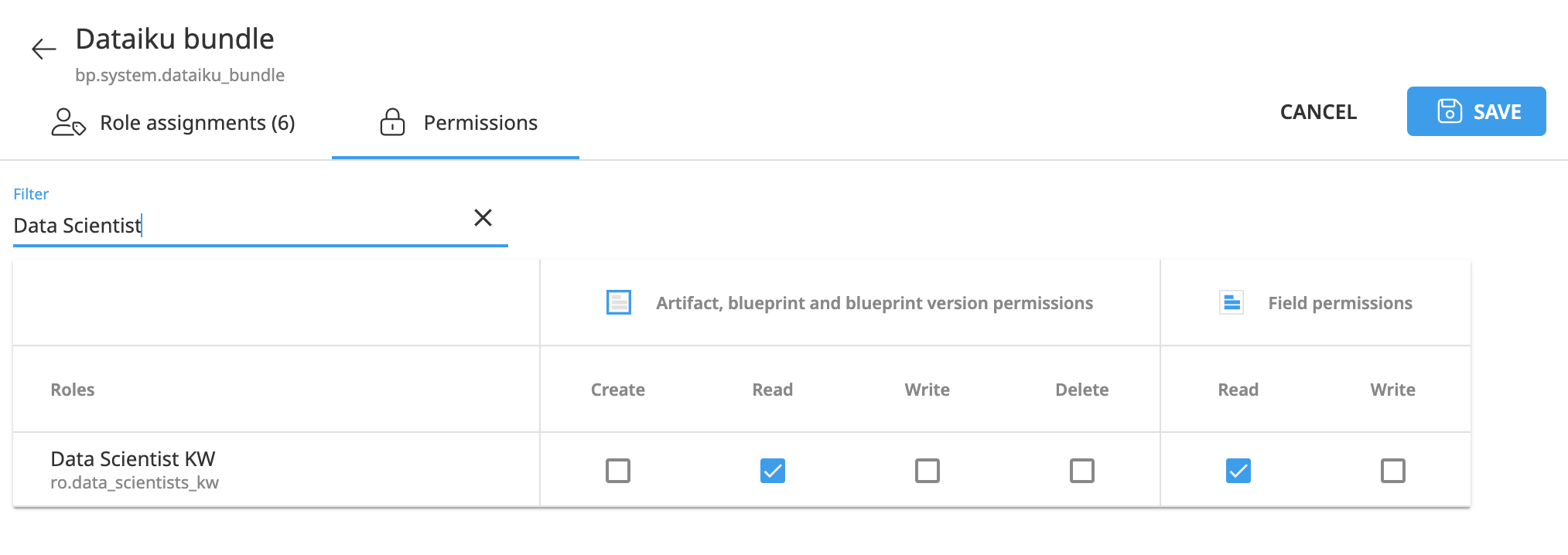A Dataiku Govern screenshot showing the Dataiku bundle blueprint-specific permissions.
