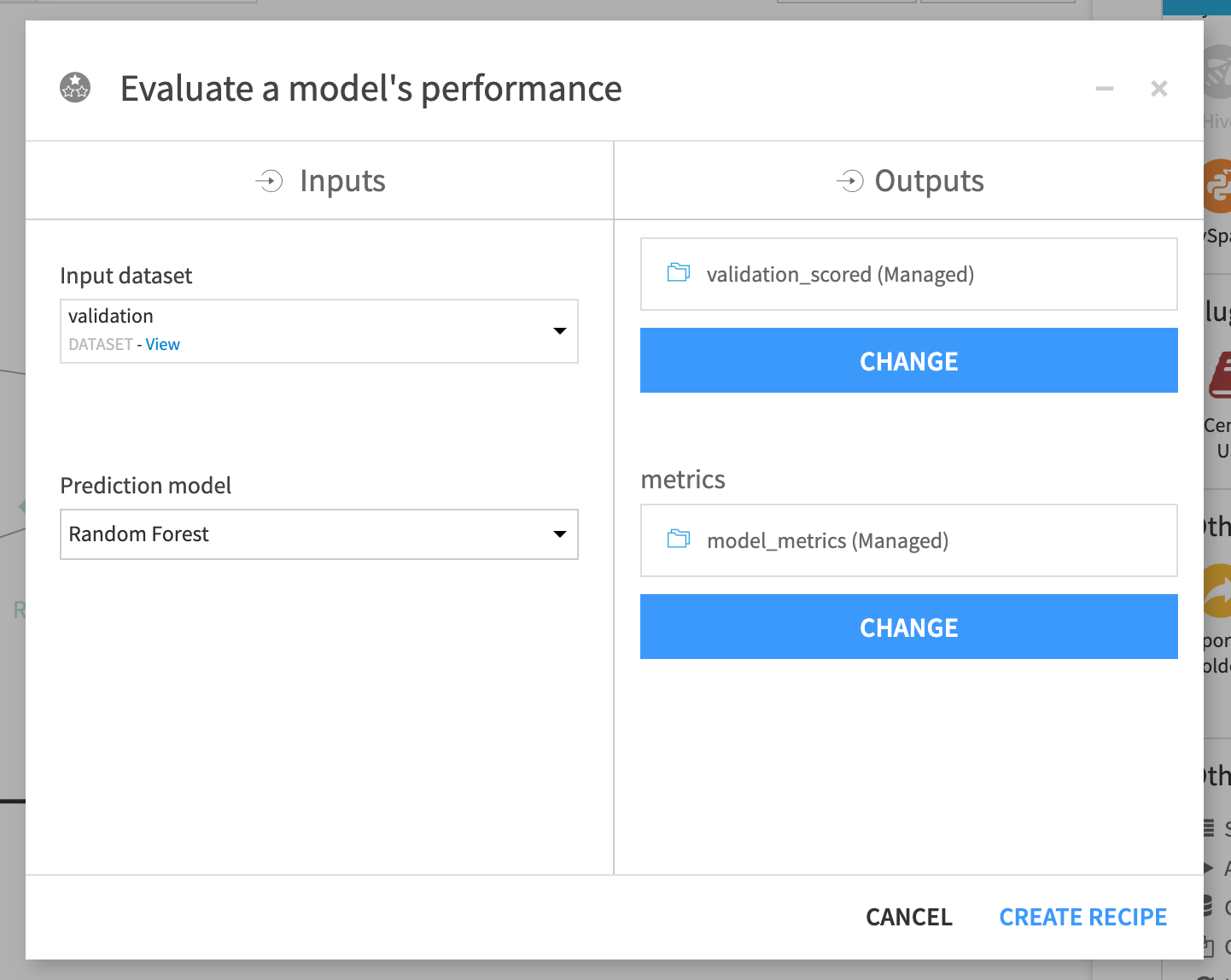 Evaluate recipe configuration showing two outputs including a dataset and model metrics.